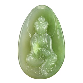 Chinese Natural Green Hetian Jade Kwan-yin Pendant w Certificate