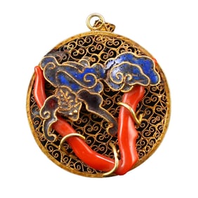 Chinese Gold Wire Gilt Gold Enamel Inlay Red Coral Pendant