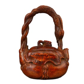 Vintage Chinese Bamboo Carved Handle Teapot
