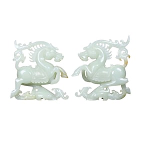 A Pair Exquisite Chinese Hetian Jade Carved Horse & Swallow Statues