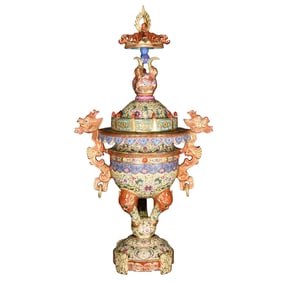 Chinese Qing Dynasty Gilt Gold Famille Rose Enamel Fortune Dragon Design Porcelain Incense Burner