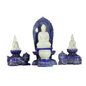 A Set Vintage Chinese Hetian Jade Carved Buddha Statue w Lapis Lazuli Base