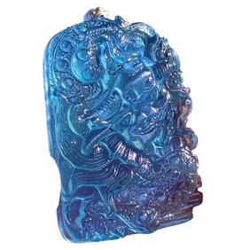 Superb Aquamarine Carved Fortune Dragon Pendant w Hand Woven Beads Necklace