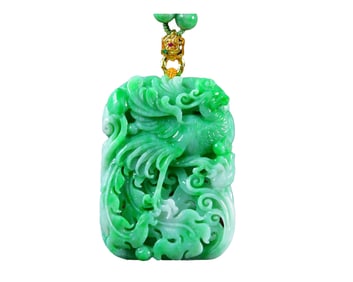 Exquisite Jadeite Carved Phoenix Pendant w Hand Carved Jadeite Beads Necklace
