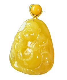 Beautiful Beeswax Carved Laughing Buddha Pendant w Hand Woven Beads Necklace