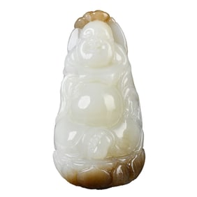 Chinese Hetian Jade Carved Laughing Buddha Pendant w Certificate