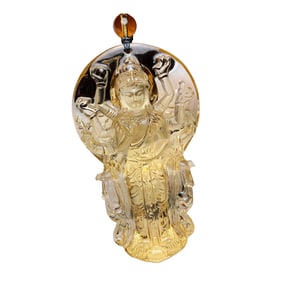 Beautiful Natural Yellow Crystal Carved Thousand-Hand Guanyin Pendant w Hand Woven Necklace