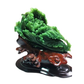 Superb Chinese Green Hetian Jade Carved Fortune Cabbage Statue