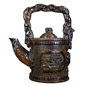 Vintage Ox Horn Carved Pine Tree Handle Teapot