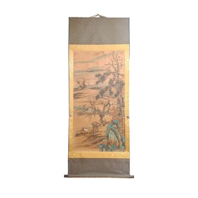 Chinese Watercolour On Silk Mountain River Scene & Figure Design Painting