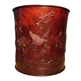 Chinese Huanghuali Wood Low Relief Flowers Bird Design Brush Pot