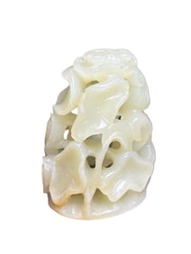 Chinese Hetian Jade Carved Lotus Leaf & Crane & Deer Statue
