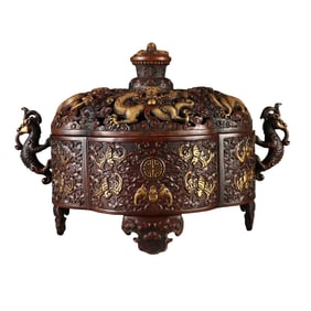 Chinese Gilt Gold Copper Double Ear Fortune Dragon Incense Burner
