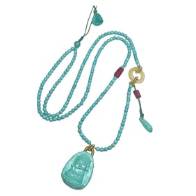 Exquisite Turquoise Carved Buddha Pendant w Hand Woven Beads Necklace