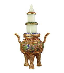 Exquisite Chinese Hetian Jade Inlay Gold Wires Enamel & Gem Pagoda