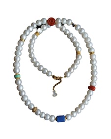 Hand Carved Beautiful Pearl & Lapis Lazuli & Turquoise & Nanhong Agate Beads Necklace