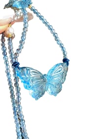 Beautiful Aquamarine Carved Butterfly Pendant w Hand Woven Beads Necklace