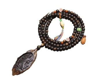 Old Chinese Chenxiang Wood Low Relief Fortune Taoism Deity Pendant w Beads Necklace
