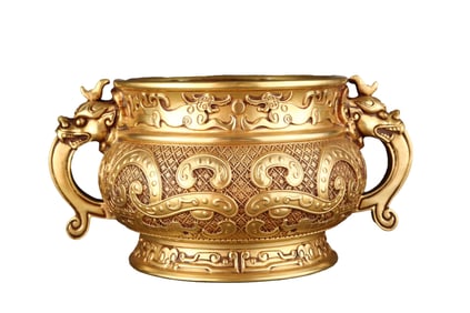 Vintage Chinese Gilt Gold Copper Double Ear Fortune Dragon Incense Burner