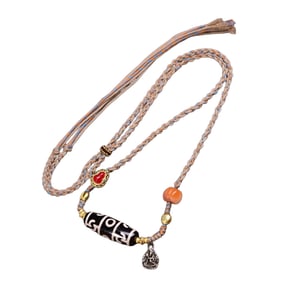 Tibetan 3 Eye DZI Agate Lucky Pendant w Hand Woven Necklace