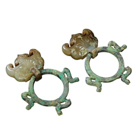 A Pair Vintage Chinese Hetian Jade Carved Beast Face Door Knocker