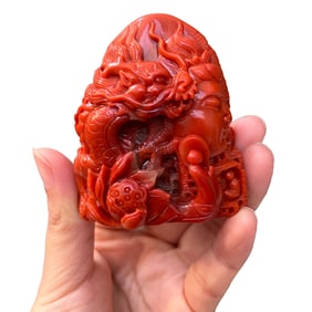 Superb Chinese Nanhong Agate Carved Fortune Dragon Statue
