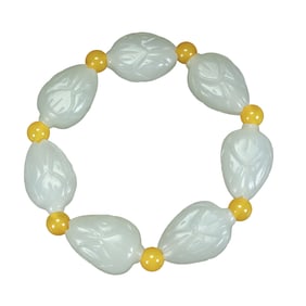 Chinese Hetian Jade Carved Lotus Flower Beads Bracelet