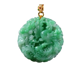 Exquisite Jadeite Carved Phoenix & Peony Pendant w Hand Woven Beads Necklace
