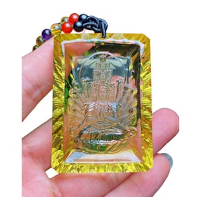 Beautiful Yellow Crystal Carved Thousand-Hand Guanyin Pendant w Hand Woven Necklace