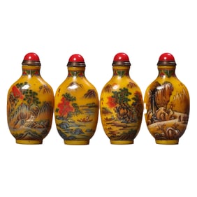 A Set Four Chinese Yellow Peking Glass Colored Drawing Mountain River Scene Design Snuff Bottle