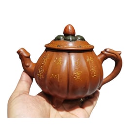 Antique Chinese Yixing Zisha Clay Lotus Pod Teapot w Artist Signed