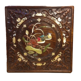 Vintage Chinese Huanghuali Wood Inlay Shoushan Stone & Shell Mandarin Ducks Design Box