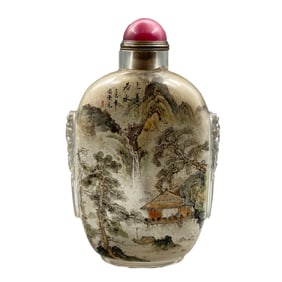 Old Chinese Peking Glass Inside Painting Mountain River Scene Design Snuff Bottle w Stopper