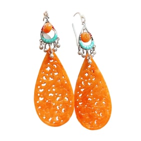 A Pair Beautiful 925 Silver Inlay Red Jadeite Earring