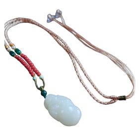 Superb Chinese White Hetian Jade Carved Laughing Buddha Pendant w Hand Woven Beads Necklace
