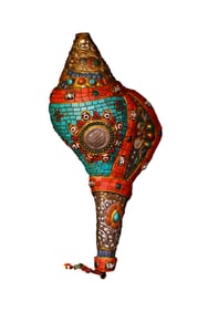 Tibetan Buddhism Gilt Gold Copper Inlay Turquoise & DZI Agate & Gems Conch Statue