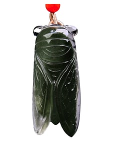 Beautiful Green Crystal Carved Fortune Cicada Pendant w Hand Woven Necklace