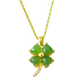 Beautifulb Chinese 925 Silver Inlay Green Hetian Jade Carved Four-Leaf Clover Pendant