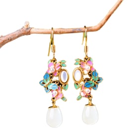A Pair Beautiful 925 Silver Enamel Inlay Hetian Jade Earrings