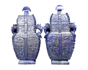 A Pair Superb Chinese Lapis Lazuli Fortune Beast Vases