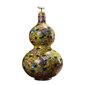 Vintage Chinese Copper Enamel Gourd Shape Vase