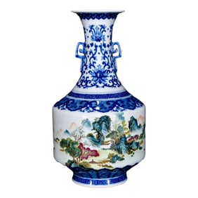 Chinese Blue And White Porcelain + Famille Rose Mountain River Scene Design Porcelain Vase