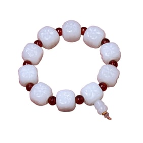 Superb Chinese White Hetian Jade Carved Flowers Beads Bracelet
