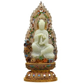 Exquisite Chinese White Hetian Jade Kwan-yin Statue w Gold Wires Enamel Base