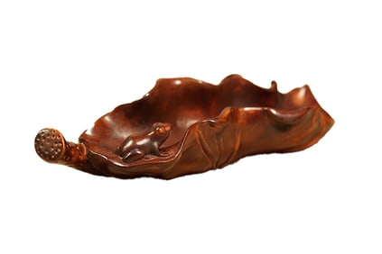 Vintage Chinese Boxwood Wood Carved Lotus Leaf Tea Shovel