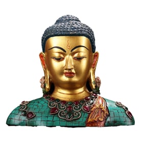 Tibetan Buddhism Gilt Gold Copper Inlay Turquoise & Gems Buddha Head Statue