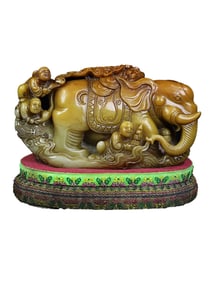 Vintage Chinese Tianhuang Stone Carved Elephant & Kid Statue