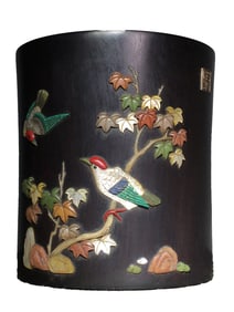 Vintage Chinese Zitan Wood Inlay Shoushan Stone & Shell Flowers Bird Design Brush Pot