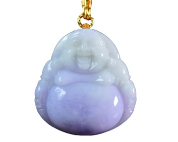 Exquisite Jadeite Carved Laughing Buddha Pendant w Hand Woven Beads Necklace