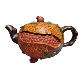 Antique Chinese Yixing Zisha Clay Pomegranate Teapot w Artist Signed